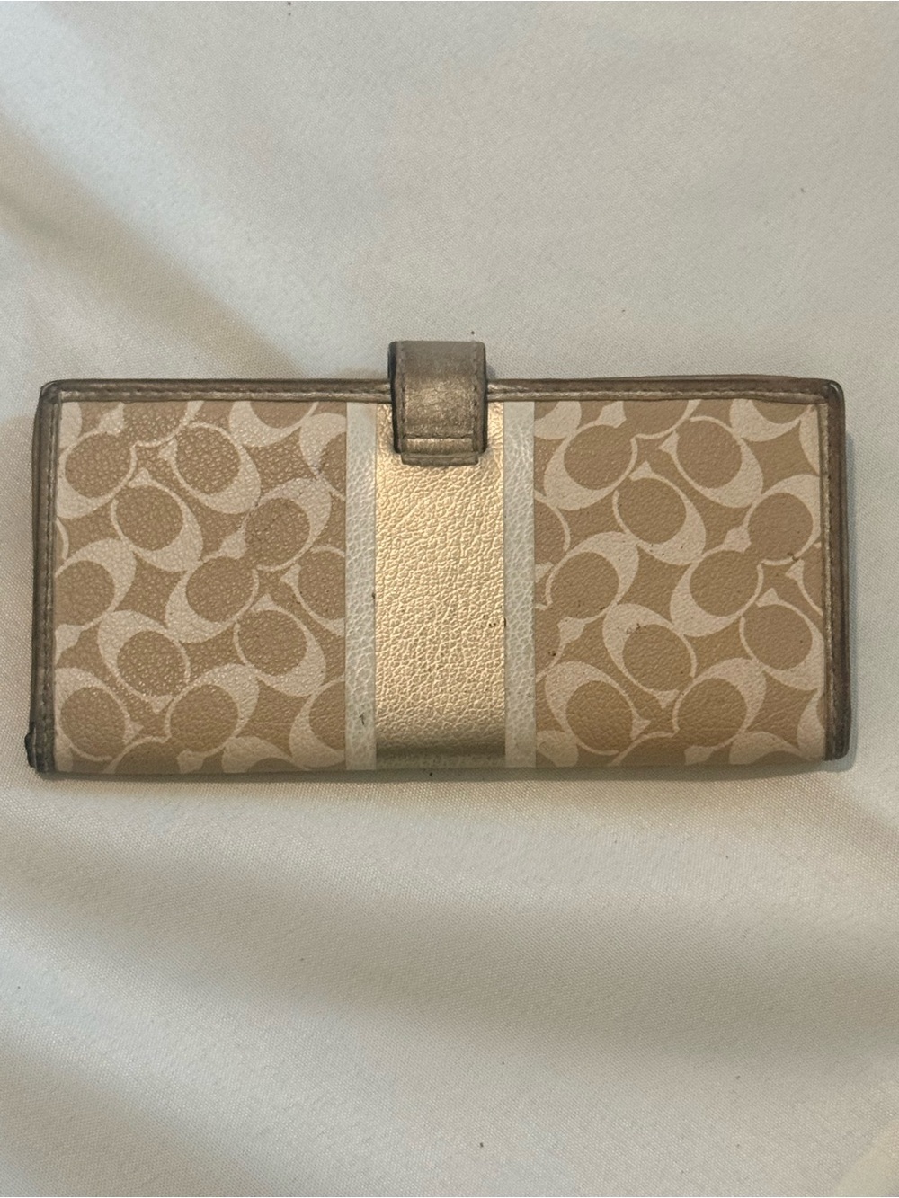 Coach Beige Signature Stripe Wallet with Metallic Gold Trim - Picture 2 of 5
